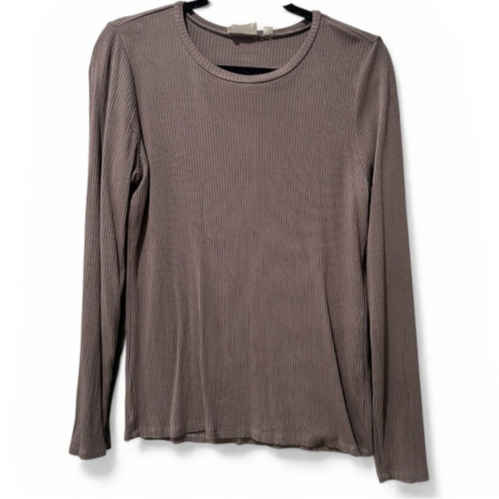 Cyrus Ribbed Long Sleeve Crewneck Top in Taupe